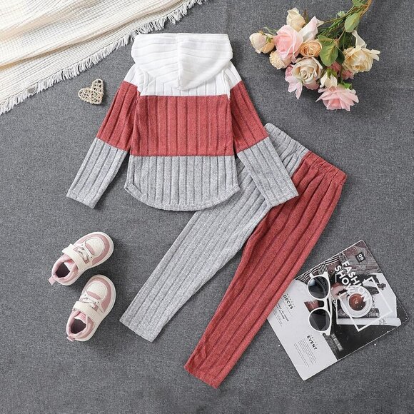 Toddler Kid Girls Clothes Ribbed Color Block Long Sleeve Hoodie Sweatsuit Set Fa - Picture 7 of 7